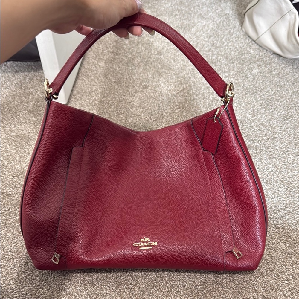 Coach Red Leather Hobo Bag with Gold-Tone Accents
